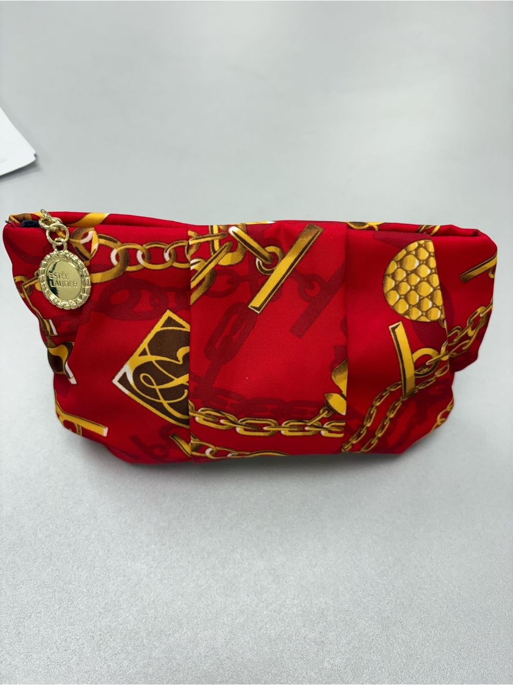 Estee Lauder Red Gold Chain Pleated Cosmetic Bag Makeup Pouch Recycled NWOT